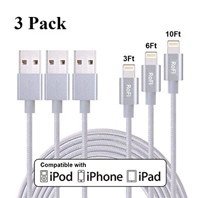 RoFI Lightning to USB Cable, 3Pack 3FT 6FT 10FT Nylon Braided iPhone Charger Cable, Compatible with iPhone 7/7 Plus/6s/6s Plus/6/6 Plus/5/5S/5C/SE/iPad and iPod (Silver)