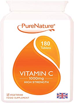 180 Vitamin C 1000mg Supplement High Strength and Absorption by PureNature Vegetarian Tablets |100% Quality Assured Money Back Guarantee| Made in the UK - 6 Month Supply SUPER SAVER + FREE UK DELIVERY