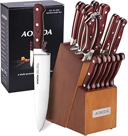 6 piece Knife Set w/ Block, Professional - Stainless Steel. Aokeda