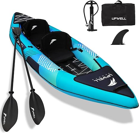 UPWELL 13'6”/11' Inflatable Recreational Kayak - 2 Person with Drop Stitch Floor and Accessories Including Kayak Seats with High Back Support, Paddle, Fin, Repair Kits, Carry Bag and Hand Pump