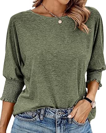 BTFBM Casual Tops for Women Dressy Summer Spring T Shirts 3/4 Puff Sleeve Crewneck Loose Babydoll Blouses