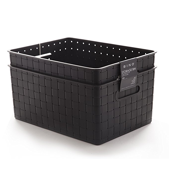 BINO Woven Plastic Storage Basket, Large – 2 PACK (Black)