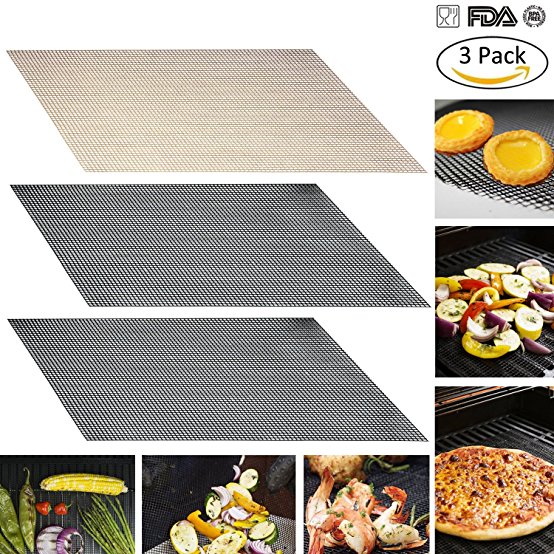 Grill Mat - Non-Stick BBQ Grilling & Baking Mats - FDA Approved,Durable,Teflon,Reusable PTFE Coated - Works on Gas,Charcoal,Electric Barbecue - 16.75''x13''(2 Black 1 Copper) (Grill Mesh Mat 3pk)