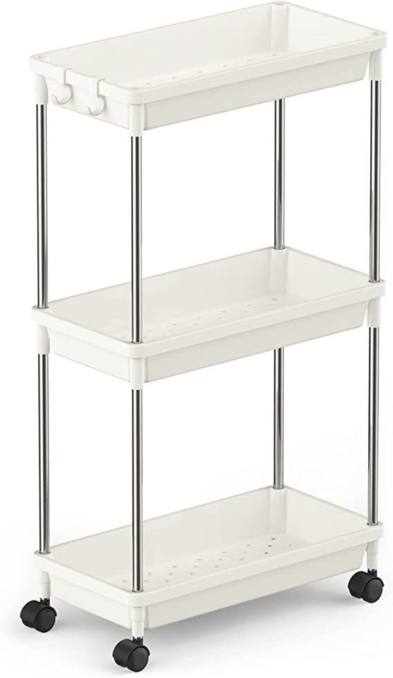 Lifewit Slim Storage Trolley for Narrow Space Bathroom Laundry Room Kitchen, 3 Tier Slide-Out Rolling Trolley Organiser Rack Shelf Cart with Wheels for Space-Saving Organization, Easy Assembly, White