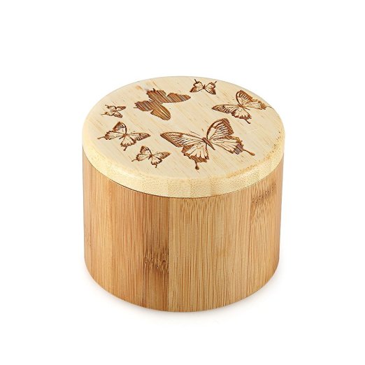 Bamboo Jar Salt Box with Lid Wooden Salt Box Laser-Etched Salt Herbs Spices Jewelry Container Storage Round Bamboo Box with Butterfly Pattern (Butterfly)