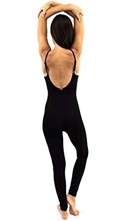 Yoga Workout Black Cotton Bodysuit One Piece Jumpsuit Unitard Built in Bra Open Back for Women