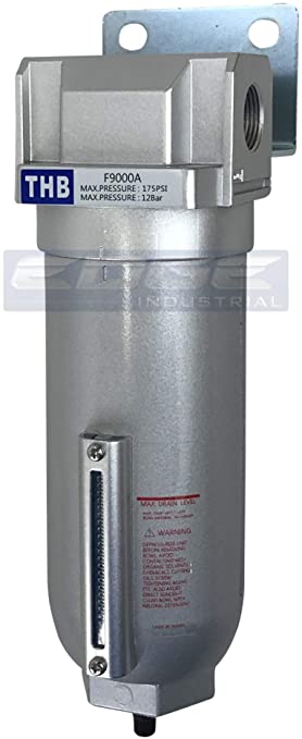 HEAVY DUTY INDUSTRIAL RATED HIGH FLOW PARTICULATE FILTER, IN-LINE WATER TRAP FOR COMPRESSED AIR LINE SYSTEMS, 5 MICRON WITH METAL BOWL AND AUTO DRAIN (1/2" NPT, 11oz)