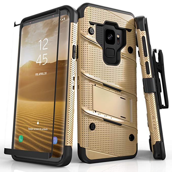 Zizo BOLT Series compatible with Samsung Galaxy S9 Case Military Grade Drop Tested with Tempered Glass Screen Protector Holster GOLD BLACK