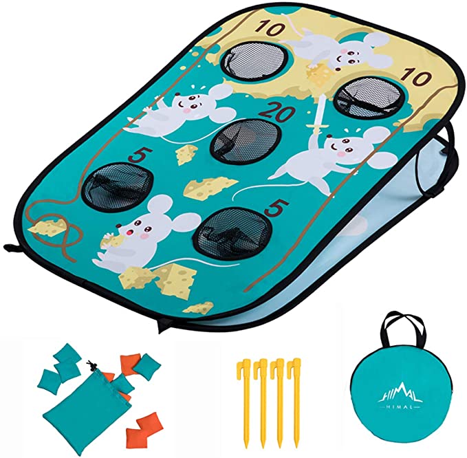 Himal Corn-Hole-Boards with Bean-Bag-Toss-Game Collapsible Portable 5 Holes Cornhole-Set with 10 Bean Bags Roman Tic-Tac-Toe Game 2-in-1 Game Boards for Kid's (3 x 2-feet)