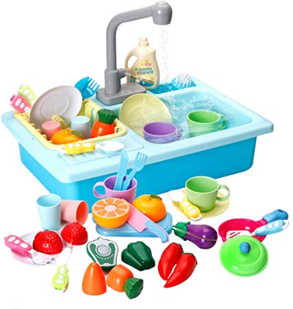 LBLA Kitchen Sink Toys, 28PCS Pretend Play Wash Up Kitchen Toys ,Dishwasher and Cutting Toys , Automatic Water Cycle System Play House Pretend Role Play Toys for 3  Years Boys Girls