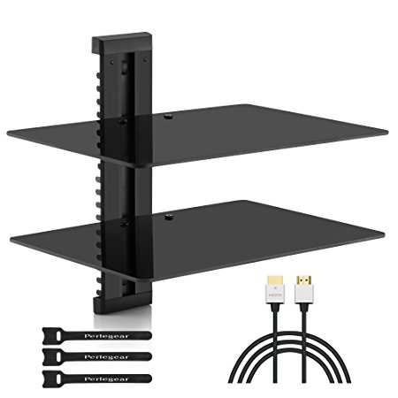 Double Floating DVD DVR Shelf – 2x Wall Mount AV Shelves (15x11 inch) with Strengthened Tempered Glass - for PS3, PS4, Xbox One, Xbox 360, TV box & Cable Box - Bonus 6" Slim HDMI Cable by Perlesmith