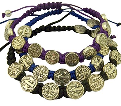 Saint Benedict Evil Protection Medal on Adjustable Cord Bracelet, Set of 3, 8 Inch