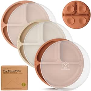 KeaBabies Suction Plates with Lids for Baby - 3-Pack 100% Silicone Suction Plates for Baby, Kids,Toddler Plates,Divided Baby Plates with Suction,Lids, BPA-Free, Microwave, Dishwasher Safe (Terracotta)