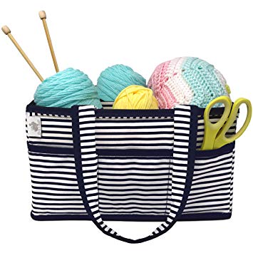 Premium Craft Caddy by Little Grey Rabbit | Knitting Storage Bin & Organizer Basket | Holds Yarn, Needles, Tape, More | Perfect Gift | Navy & White Nautical Stripe