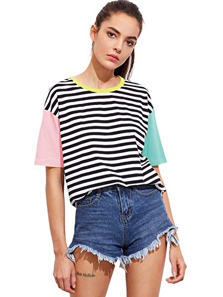 ROMWE Women Crewneck Striped Short Sleeve T-shirt Top Blouse