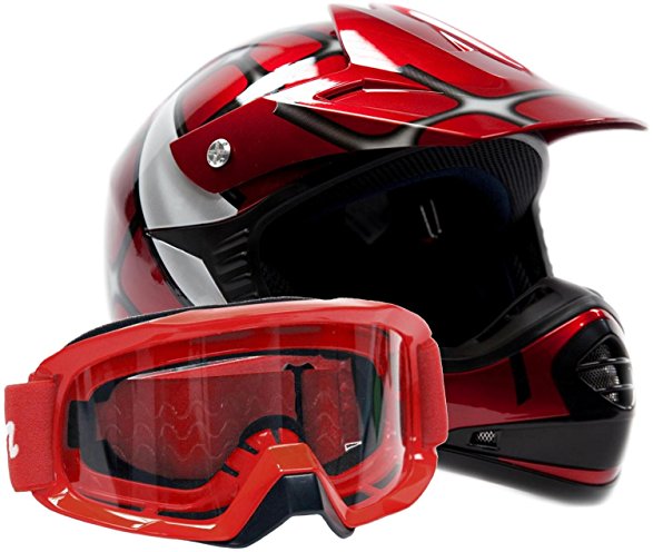 Kids Youth Offroad Gear Combo Helmet & Goggles DOT Motocross ATV Dirt Bike Motorcycle Red Spiderman, Medium