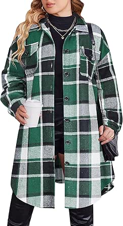 Zeagoo Womens Plus Size Flannel Plaid Button Down Shirts Long Sleeve Lounge Lapel Tartan Shacket Jacket Long Coats 2024