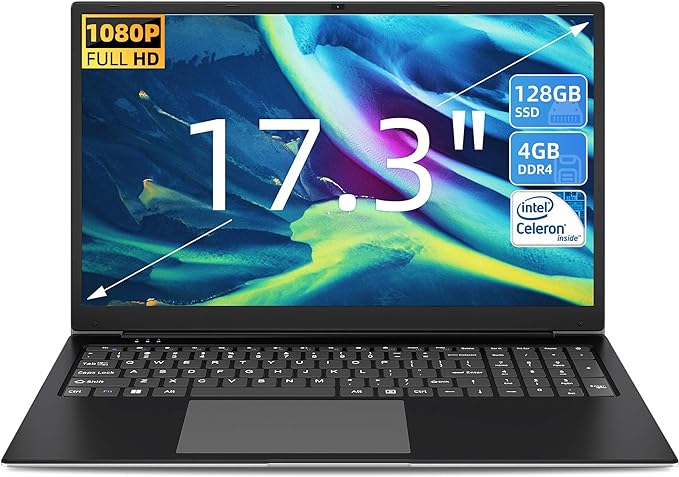 SGIN Laptop, 17 Inch Laptops Computer, Intel Celeron Quad-Core Processor(Up to 2.5GHz), with 4GB RAM 128GB SSD, 1920 * 1080 IPS Display, Mini HDMI, Wi-Fi, Type-C, 8000mAh Battery