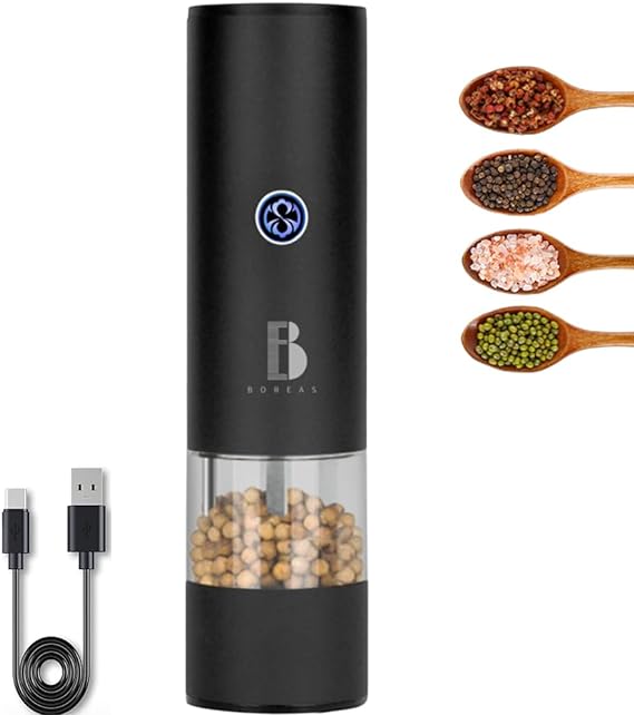 Pepper Mill Rechargeable Pepper Mill Pepper Grinder Electric Salt and Pepper Grinder with LED Light USB Rechargeable, Automatic One Hand Operation Pepper Mill Shaker, Adjustable Coarseness, Boreas
