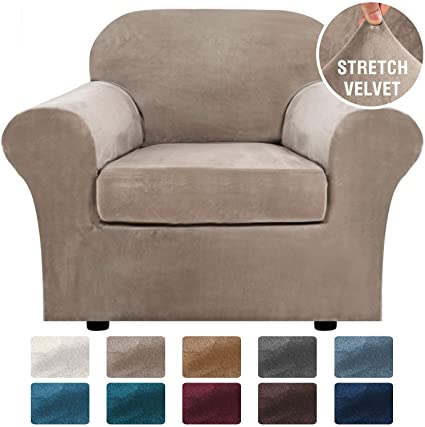 H.VERSAILTEX Rich Velvet Stretch 2 Piece Chair Cover Chair Slipcover Sofa Cover Furniture Protector Couch Soft with Elastic Bottom Chair Couch Cover with Arms, Machine Washable(Chair,Taupe)