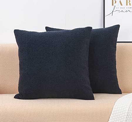 TangDepot Pack of 2 Luxury Faux Shearling Fluffy Throw Pillow Covers, Square Pillow Covers, Indoor/Outdoor Pillowcases - (18"x18" 2 Pieces, A02 Navy Blue)