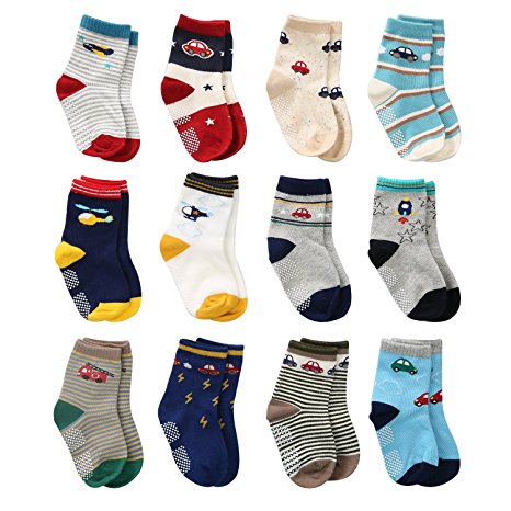 12 Pairs Toddler Boy Non Skid Socks Cute Cotton with Grips, Baby Boys Anti-skid Socks