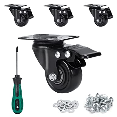 PRITEK 2 inch Caster Wheels, Heavy Duty Casters No Noise No Marking Lockable 360 Degree Swivel Casters for Furniture Cart Cabinet Bench Ottoman (650lbs/4pcs, Screws,Washers & Screwdriver Included)