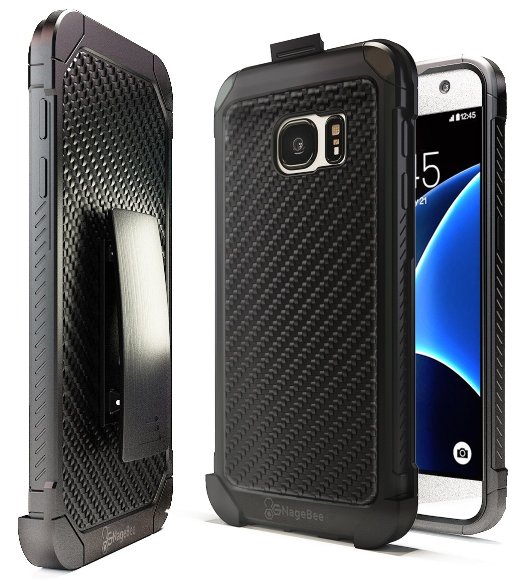 S7 Edge Case, Galaxy S7 Edge Case, Nznd® [Shield Carbon Fiber] Hybrid Armor Stand with Holster Locking Belt Clip Combo Case for Samsung Galaxy S7 Edge - Black