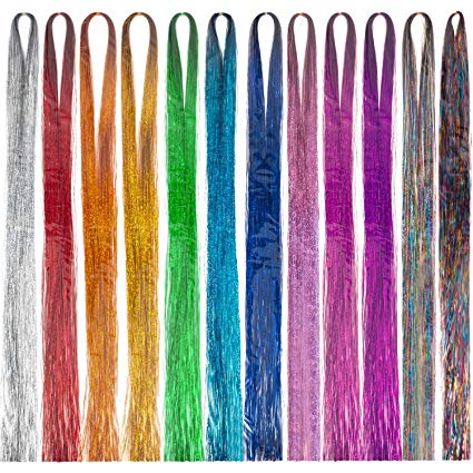 Tatuo Hair Tinsel Strands 47 Inches Sparkling Shiny Hair Tinsel Extensions 12 Colors (1800 Pieces)