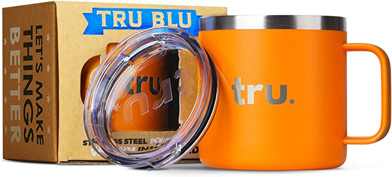 Large Stainless Steel Vacuum Insulated Coffee Mug with Lid 16 oz, Double Wall Metal Mug with Handle - Lightweight, Unbreakable, Shatterproof, Durable, BPA Free (Orange)