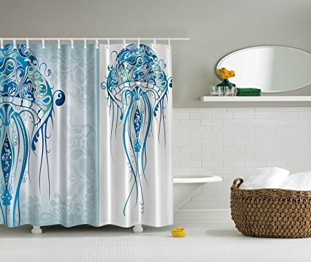 Sea Creatures Artistic Nautical Coastal Decor by Ambesonne, Fabric Shower Curtain Ocean Jellyfish with Paisley Pattern Theme Beach Fishy Prints Design in Bath Interior for Home, Marine Blue White