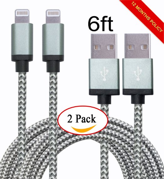 GreatYakonn 2 Pack 6ft Nylon Braided Popular Lightning Cable 8Pin to USB Charging Cable Cord with Aluminum Heads for iPhone 6/6s/6 Plus/6s Plus/5/5c/5s/SE,iPad iPod Nano iPod Touch(Gray)