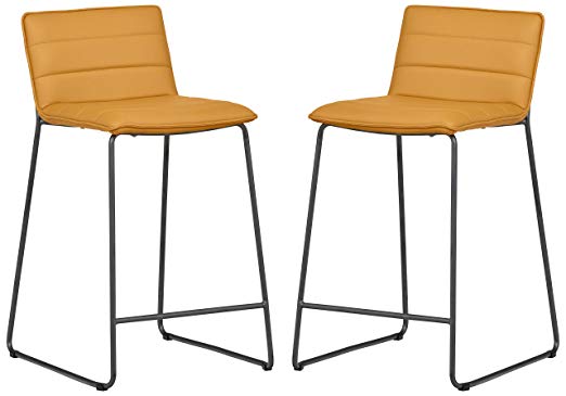 Rivet Julian Minimalist Modern Tufted Dining Room Counter Height Bar Stools, Set of 2, 34.3 Inch Height, Synthetic Leather, Autumn Yellow