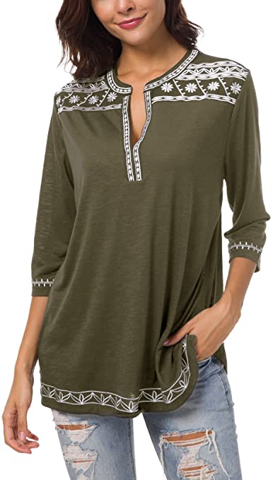 Women's 3/4 Sleeve Boho Shirts Embroidered Peasant Top