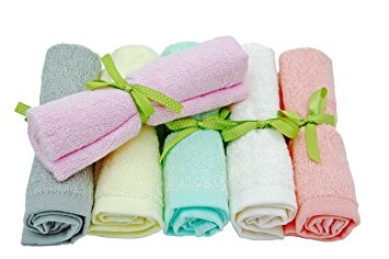 EcoSol Designs Organic Bamboo Washcloths/Reusable Wipes, 6-Pack, 10 x10-Inch, Ivory Grey / Sage Pink Green Yellow Orange