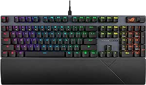 ASUS ROG Strix Scope II Gaming Keyboard, pre-lubed ROG NX Storm clicky Mechanical switches, Sound-dampening Foam, PBT doubleshot keycaps, Streaming hotkeys, Multi-Function Controls, Wrist Rest