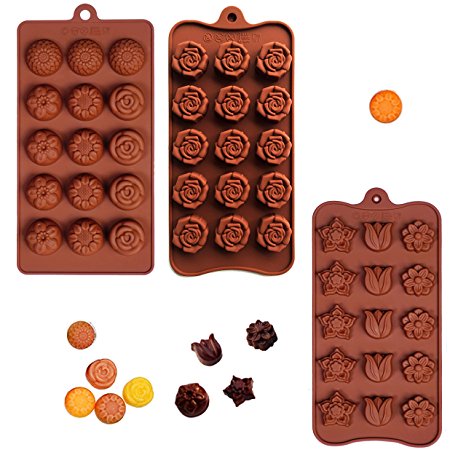 Poproo Flower Shaped 3-piece Candy Molds Set 15-cavities Chocolate Ice Cube Mold, Tulip Rose Sunflower Lotus Shapes