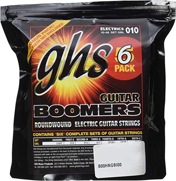 GHS Strings GBL-5 Guitar Boomers, Nickel-Plated Electric Guitar Strings, Light, 6 Pack (.010-.046)