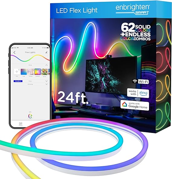 Enbrighten Premium Smart Color Changing LED Strip Lights, 24ft, Indoor/Outdoor Flexible Light Strip, Fully Customizable Color, Dimmable, Built in Timer, Under Cabinet Lighting, 58088