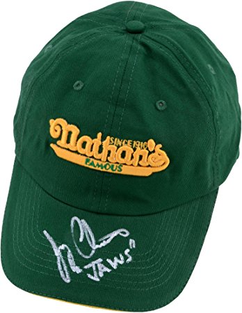 Joey Chestnut Autographed Nathans Cap with "Jaws" Inscriptions - Fanatics Authentic Certified - Autographed Hats