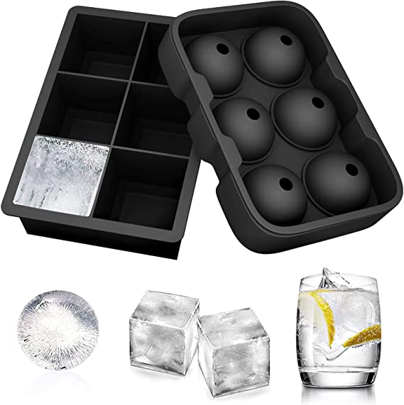 Glotoch Ice Cube Trays Silicone, Sphere Round Ice Ball Maker & Large Square Ice Cube Mold, Set of 2