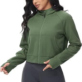 BALEAF Women's Full-Zip Up Hoodies Jacket Fleece Cropped Oversized Sweatshirts Casual Cotton Long Sleeve Tops with Thumb Hole