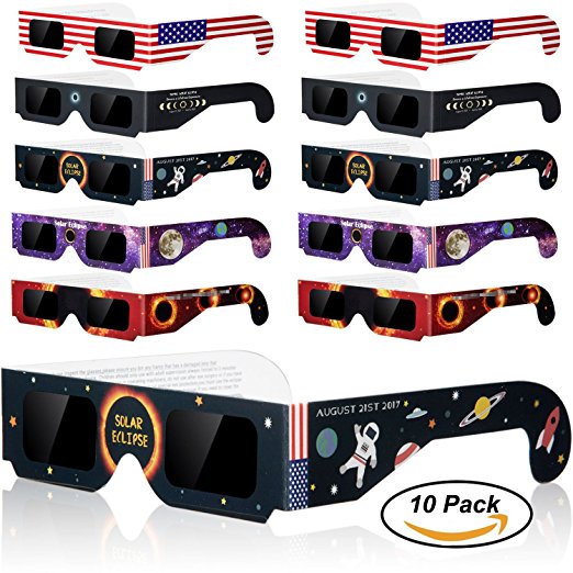 Supernova Solar Eclipse Glasses - CE and ISO Certified Safe Shades for Direct Sun Viewing - Great American Total Solar Eclipse on August 21, 2017 (Paper - 10 Pack, 5 Styles)