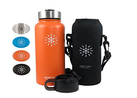 Smart Flask Stainless Steel Water Bottle, 4 Colors, 32 Oz., Wide Mouth, Vacuum Insulated, Includes Carrying Pouch with Shoulder Strap, Rugged Leakproof Stainless Steel Lid, and Flip Top Coffee Lid