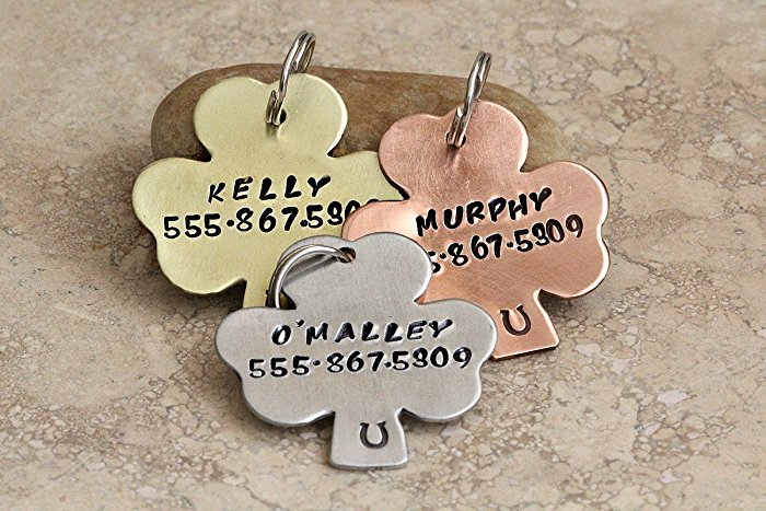 Shamrock pet tag or key chain in copper, brass, or silver aluminum personalized with name and phone number