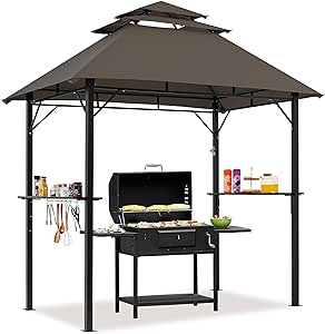 Yaheetech 8×5' Grill Gazebo, 3-Tier Outdoor BBQ Gazebo with Height-Adjustable Shelves & 10 S-Shaped Hooks & Built-in Bottle Opener, Brown