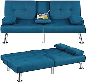 Yaheetech Convertible Sofa Bed Adjustable Fabric Couch Sleeper Modern Recliner Reversible Loveseat Folding Daybed Guest Bed, Removable Armrests, Cup Holders, 3 Angles, 772lb Capacity, Aqua Blue