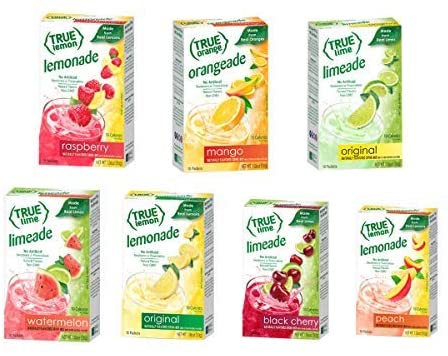 New Flavors: Watermelon Aqua Fresca and Limeade Plus, Original Lemonade, Peach, Black Cherry, Raspberry and Mango Orange. True Citrus Assorted Beverage Pack: (7 Boxes). Non GMO, Gluten Free.