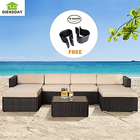Diensday Outdoor furniture Sectional Sofa (6-Piece Set) All-Weather Grey Checkered Wicker Patio Seating Set Clearance with Brown Water Resistant Cushions For Patio, Backyard, Pool | Aluminium Frame