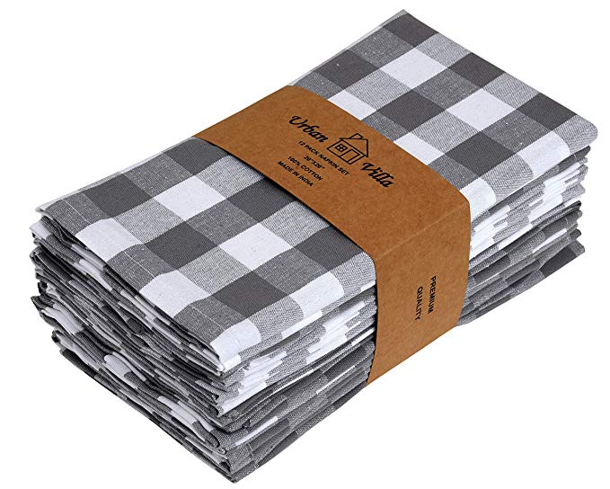 Urban Villa Dinner Napkins, Everyday Use,Premium Quality,100% Cotton, Set of 12, Size 20X20 Inch, Grey/White Oversized Cloth Napkins with Mitered Corners, Ultra Soft, Durable Hotel Quality